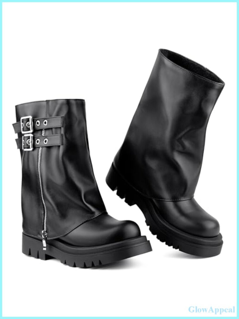 Faux Leather Fold Over Mid Calf Combat Boots Slouchy Buckle Punk